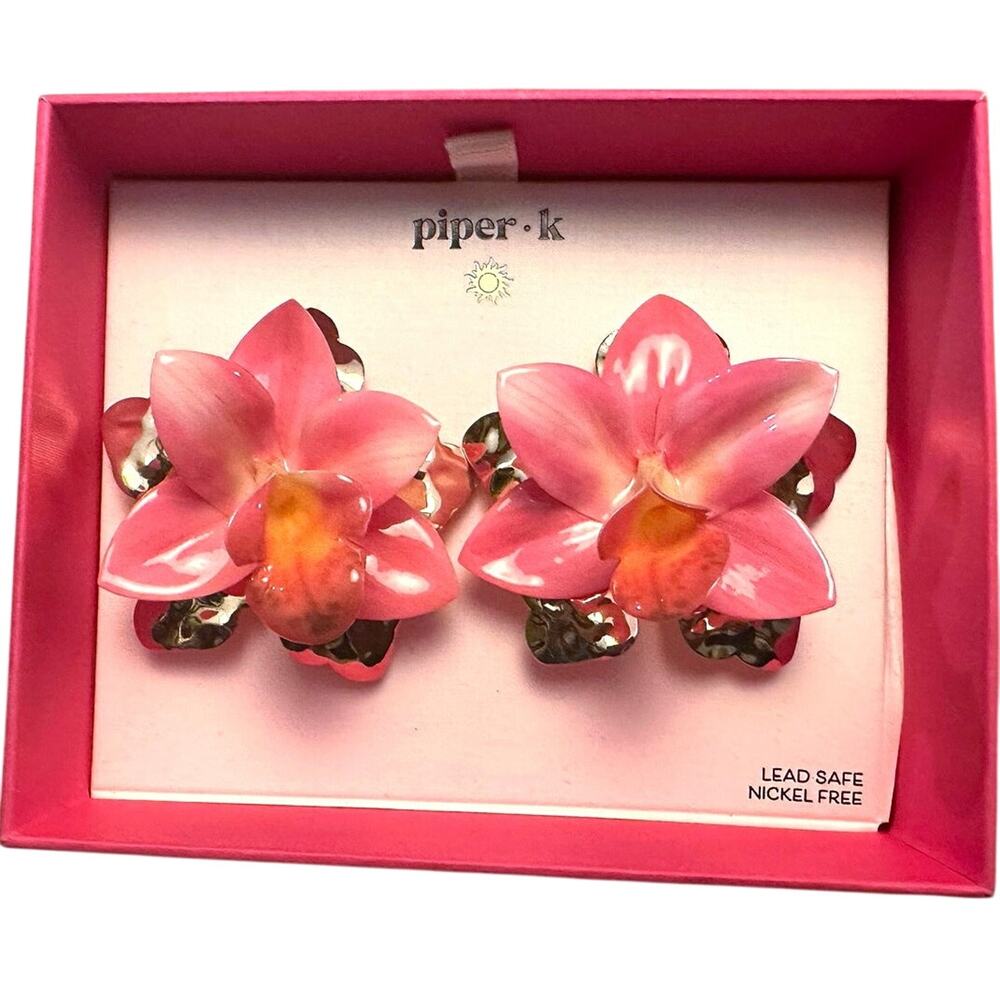 PiperK Pink Orchid Drop Earrings NWT Gold Tone Floral Statement Boxed